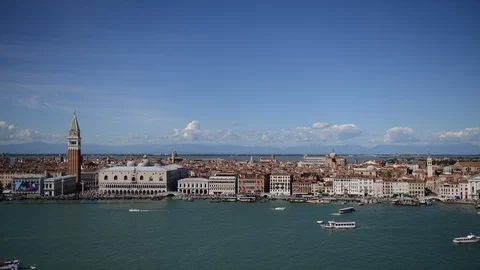 8K Time Lapse Aerial View Establishing Shot of Venice Skyline Tour Boat on Canal Stock Footage 105903202