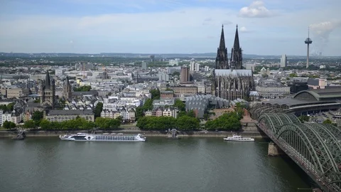 8K Time Lapse Aerial View of Cologne Skyline Buildings Iconic German Cathedral Stock-Footage 106495324