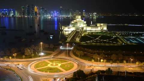 8K Time Lapse Aerial View of Doha Skyline Towers Cars Traffic Intersection Night Stock-Footage 106608300