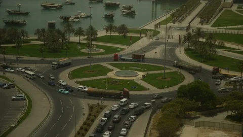 8K Time Lapse Aerial View of Doha Cars Traffic on Roundabout Commuters Commuting Stock Footage 106610122