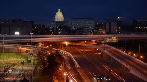 8K Time Lapse Aerial of Washington DC Highway US Congress Building Dusk to Night Stock Footage 105294629