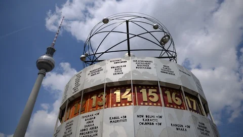 8K Time Lapse of Berlin with World Time Clock and TV Tower Germany Landmarks Day Stock-Footage 105899404