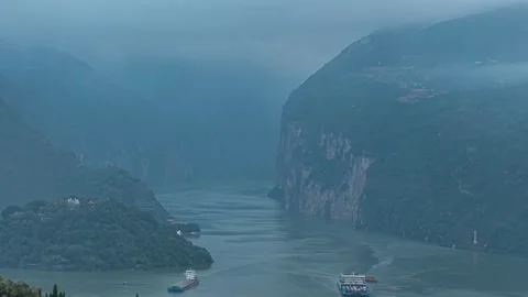 8K Time-lapse of canyon shipping at Qutang Gorge, origin of Yangtze Three Gorges Stock-Footage 339989169