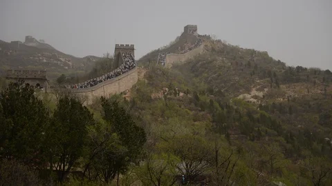 8K Time Lapse Crowd Of People Climbing Up Chinese Great Wall Ancient Structure Stock Footage 106497295
