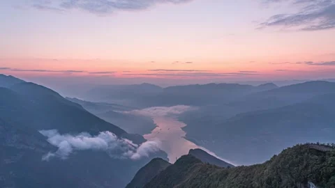 8K Time-lapse of dawn glow over magnificent motherland landscape of Three Gorges Stock Footage 339989250