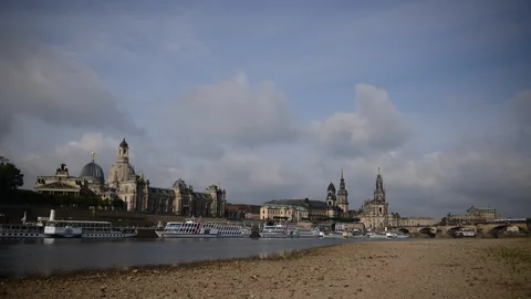 8K Time Lapse Establishing Shot of Dresden Skyline Landmark Ferry Boats on River Stock-Footage 106496754