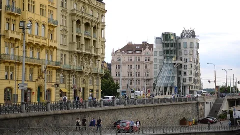 8K Time Lapse of Prague Center Dancing House Building People and Cars Traffic Stock-Footage 105901862