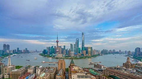 8K Time-lapse: Shanghai skyline and Huangpu River viewed from skyscraper. Stock Footage