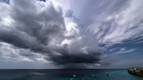 8k time lapse of thundershower scenery with flying clouds over the turquoise sea Stock Footage 162346295