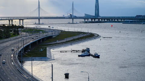 8K time lapse. Top view on the highway near Neva river of Saint Petersburg Stock Footage 139713208