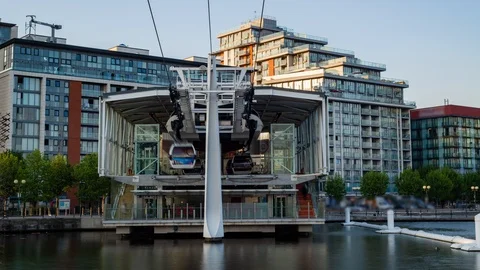 8k Time lapse view of cable cars in the Docklands in London Stock Footage 90279535