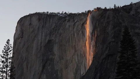 8K Time Lapse - Yosemite Firefall. Sunset lighting Horsetail Falls on Fire Stock Footage 267638291