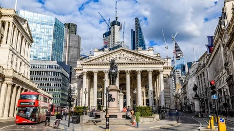 8k time lapse zoom in view of the Royal exchange, in the City of London Stock Footage 91088548