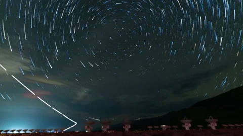 8K Timelapse of star trails over array of Radio Observatory in California Stock Footage 292186552