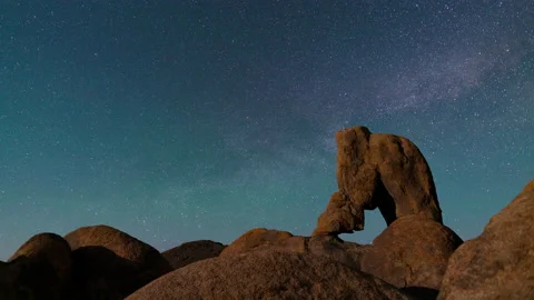 8K Timelapse of starry sky transition to sunrise at Lady Boot Arch in California Stock Footage 140414681