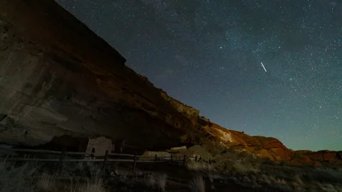 8K Timelapse of stars over Native American ruins in Chaco Canyon in New Mexico Stock Footage 333594848