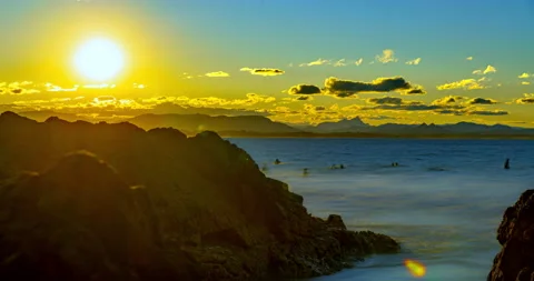 8K Timelapse Sunset Surf Byron Bay Mountains Long Exposure Stock Footage 139128051
