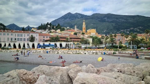 8K Town Of Menton With Beach Stock Footage 134595018