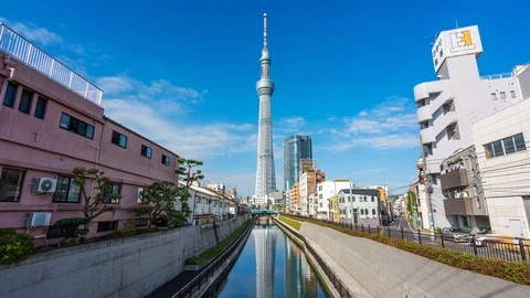 8K UHD  Time Lapse of  Tokyo skytree and river at Sumida ward with sky blue Видео 120017077