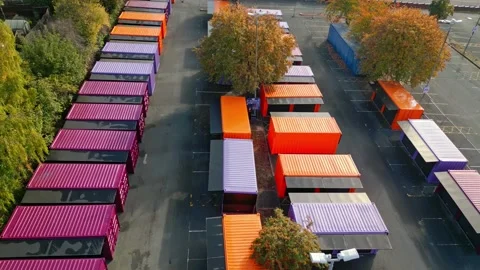 8K Video Clip. Brightly colored storage units, portacabin, container. Mobil.. Stock Footage 236044875