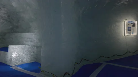 8K video panning underground gallery ice cave mer de glace in chamonix valley Stock Footage 222013405