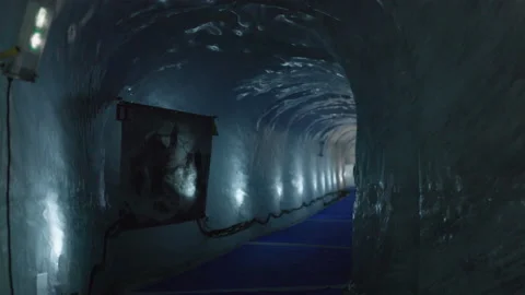 8K video underground gallery ice cave mer de glace in chamonix-mont-blanc valley Stock Footage 222023373