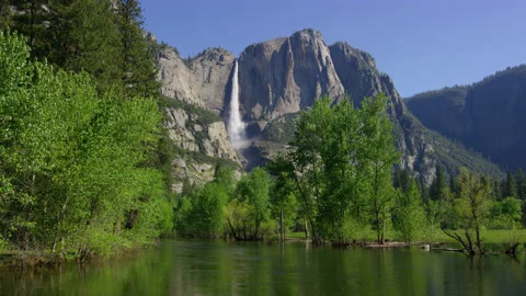 8K Yosemite falls from Merced river Stock Footage 154640538