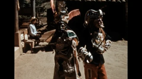 8MM - GUATEMALA - traditional dance in conquistador masks & costumes - 1961 Stock Footage