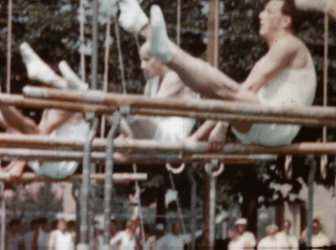 8MM - gymnasts performing on the parallel bars - late 1950s - early 1960s Video stock 251878206