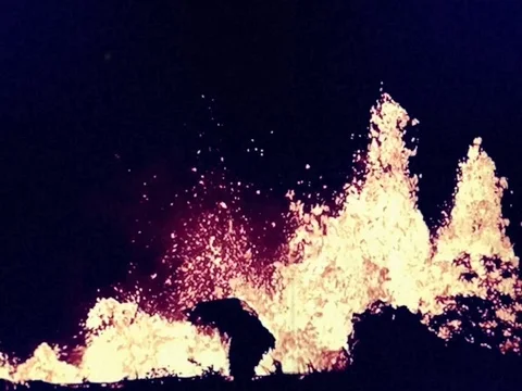 8mm Vintage Style Volcano Explodes Lava Into the Air Stock Footage 90134556