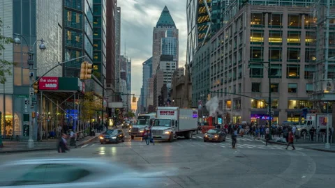 8th Ave seen from Columbus Circle in Manhattan, New York. USA . 4K time lapse Stock Footage 143269309