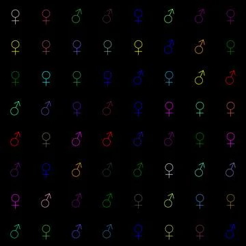 8x8 matrix for a total of 64 mixed male and female symbols with random colors Stock Illustration