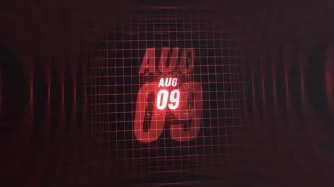 9 August. Calendar with number and month in neon red with grid background. 스톡 일러스트