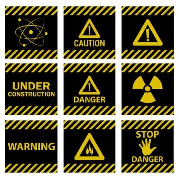 9 caution danger signs black Stock Illustration
