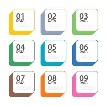 9 data infographics button square template. Illustration abstract background. Illustrazione stock