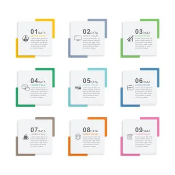9 data infographics square index template. Vector illustration abstract backg Stock Illustration