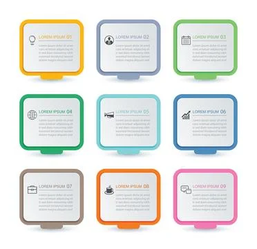 9 data infographics square layout paper template. Illustration business abs.. Stock Illustration