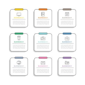 9 data infographics square shape template with thin line design. Vector illus Stock Illustration