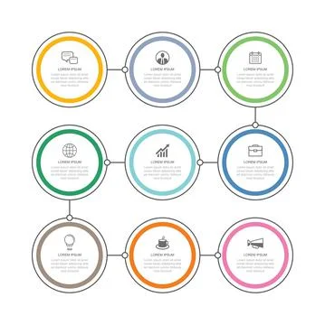 9 data infographics thin line circle timeline template. Vector illustration a Stock Illustration