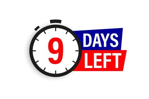 9 days left. Countdown badge. Vector illustration isolated on white background. Illustrazione stock