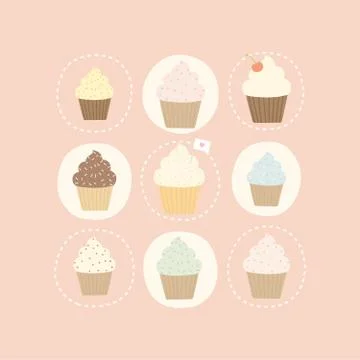 9 different cute cupcakes Stock Illustration