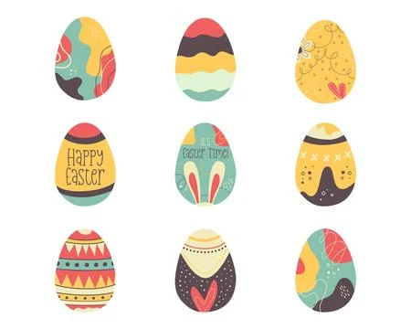 9 Easter egg collection designs. Easter holiday eggs hunt in colorful flat style Stock Illustration