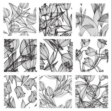 9 elegant seamless patterns with decorative tulip flowers, design elements イラスト素材