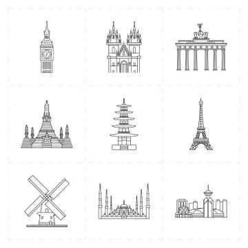 9 flat landmark icons Stock Illustration