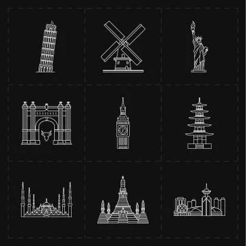 9 flat landmark icons Stock Illustration