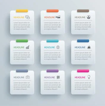 9 infographics rectangle paper index with data template. Vector illustration  Illustrazione stock