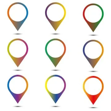9 mapping pins icon web buttons. Colored satined round shapes with shadow on Stock Illustration