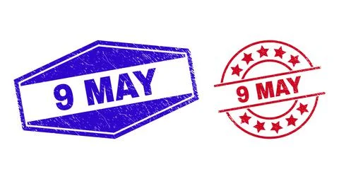 9 MAY Rubber Stamps in Circle and Hexagon Shapes Stock Illustration