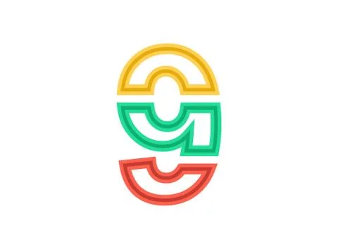 9 number logo, vector outline stroke font. Slice, cut design with red, green, Illustrazione stock