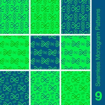 9 Seamless Monogram Patterns Green Blue Stock Illustration